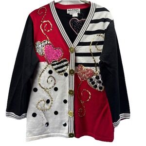Vintage Jack B Quick Sweater Cardigan M Beaded Sequin Heart Valentines Day